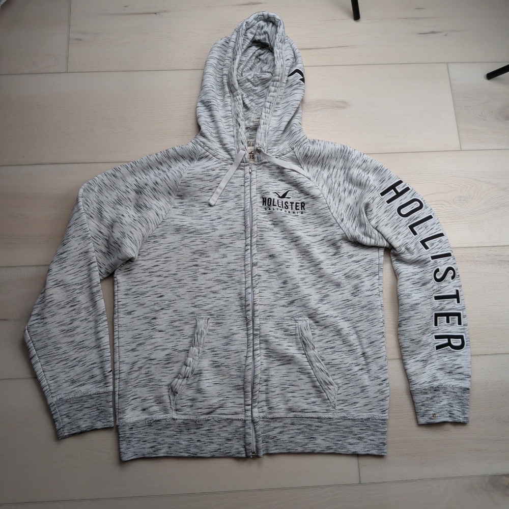 Hollister Full Zip Hoodie Mens Large Grey Space Dye Logo Sleeve Sweatshirt